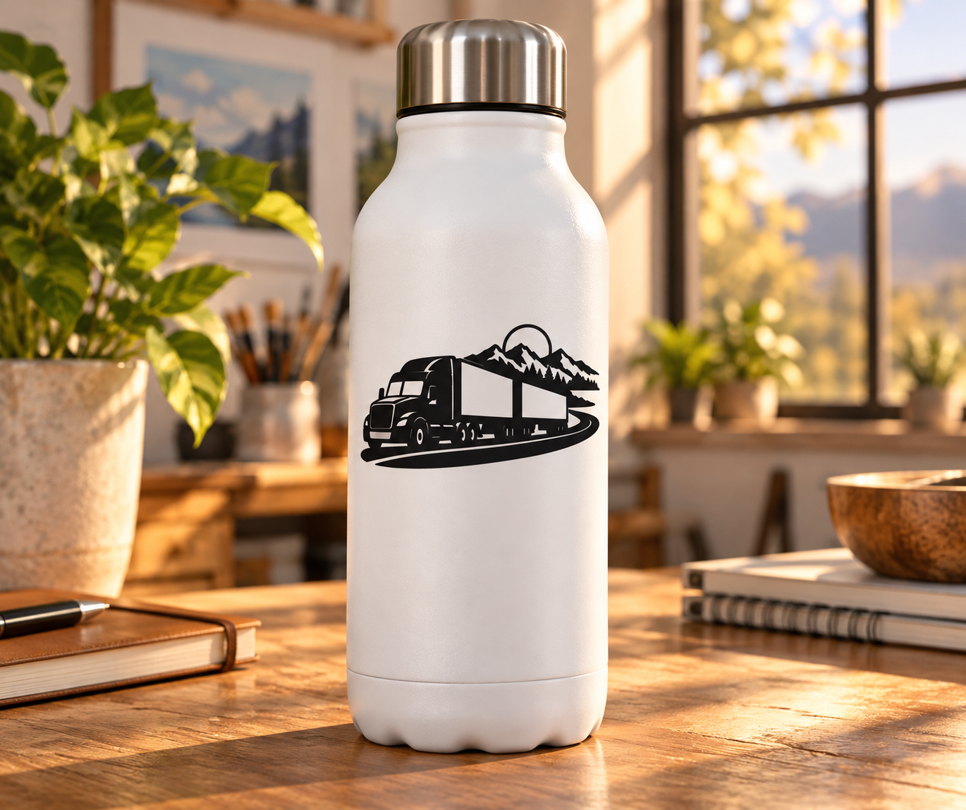 Vinyl decal graphic of semi truck with double trailers on a white bottle