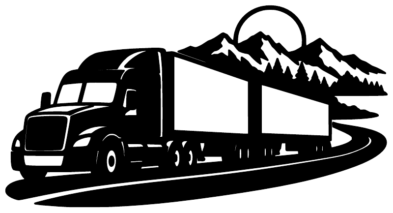 Black vinyl decal of semi truck with double trailers and mountain scenery