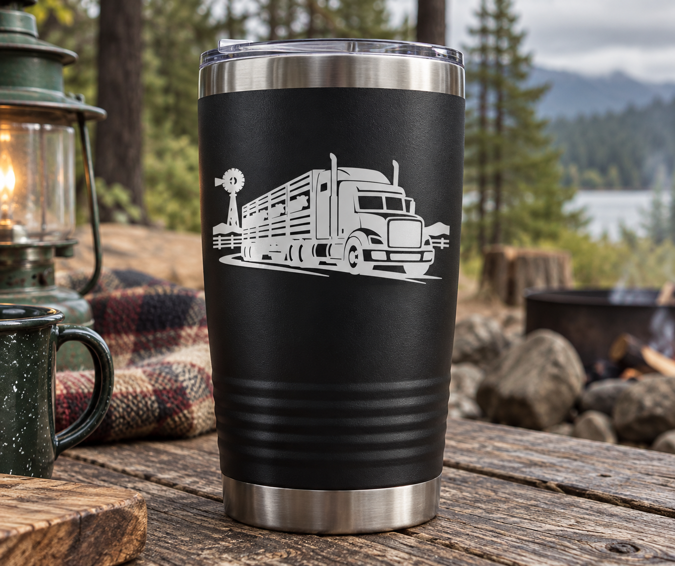 Black tumbler with cattle transport semi truck vinyl decal, white graphic