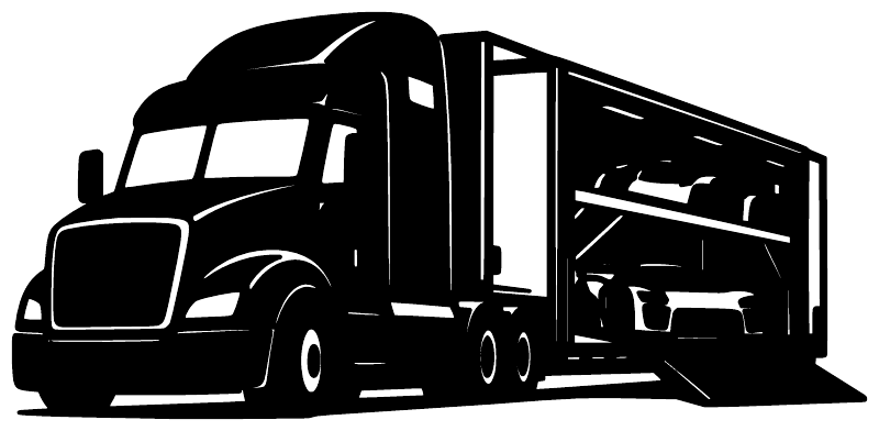 Black vinyl decal silhouette of a semi truck with flatbed trailer
