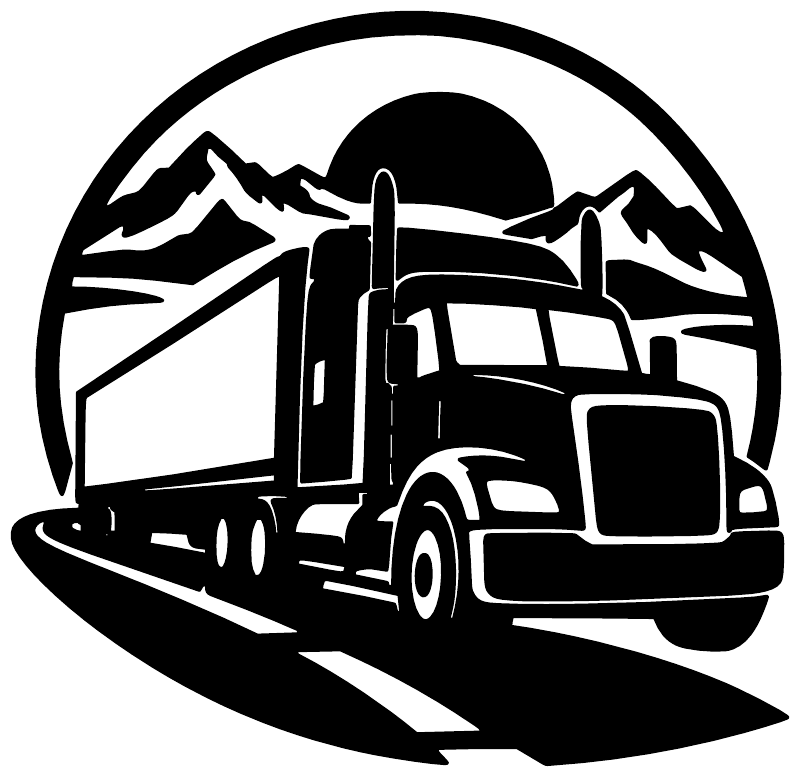 Semi-truck wheel emblem vinyl decal with black-and-white truck icon in a circle
