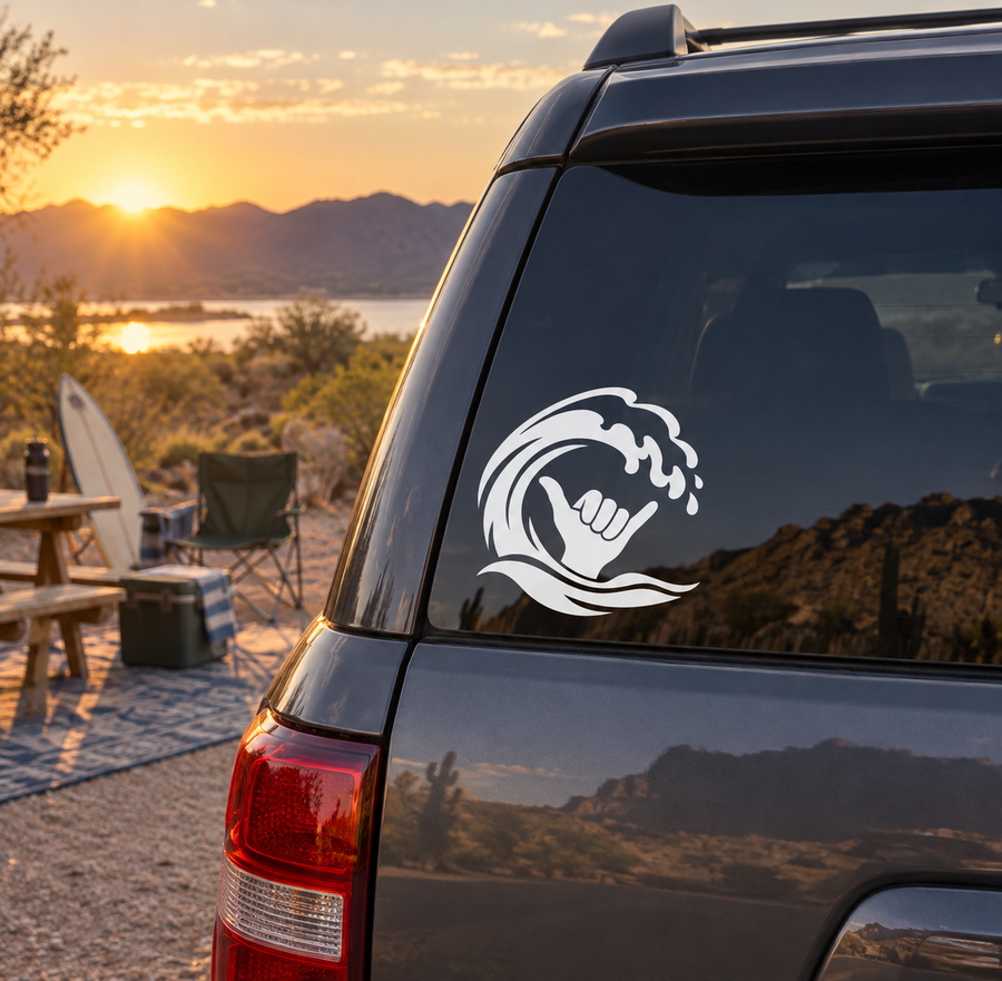 White Shaka hand wave vinyl decal with flame details