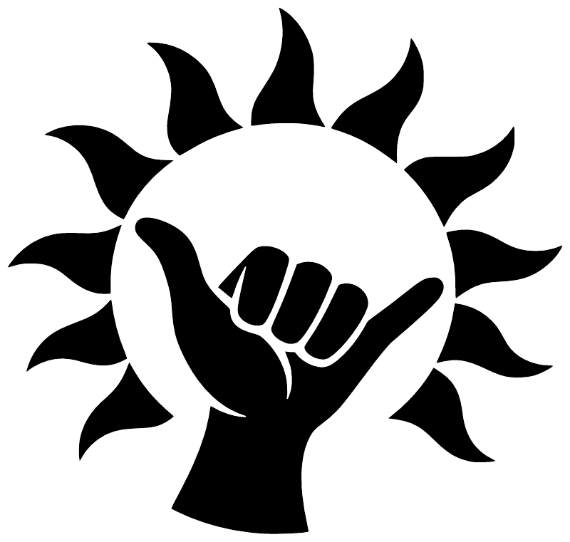 Shaka vinyl decal with a white sunburst and black hand silhouette, bold centered design