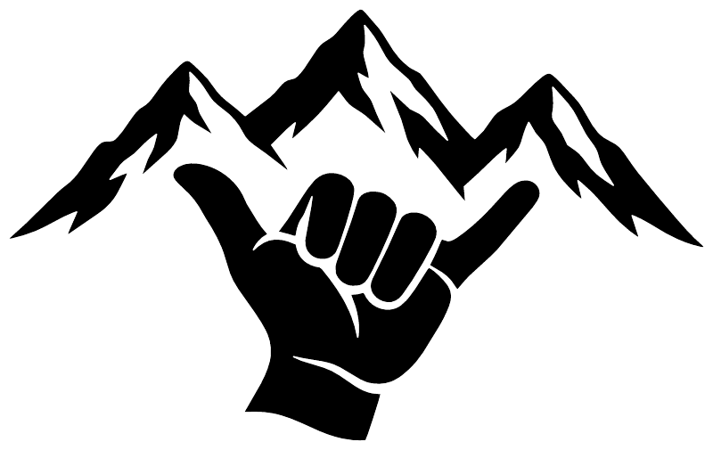 Mountain shaka vinyl decal featuring black mountain peaks and hand sign