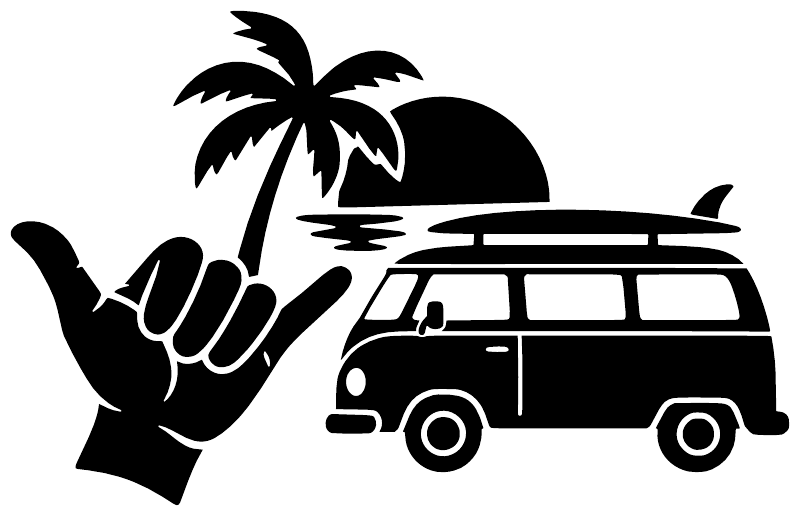Black vinyl decal silhouette of shaka hand, palm tree, and camper van