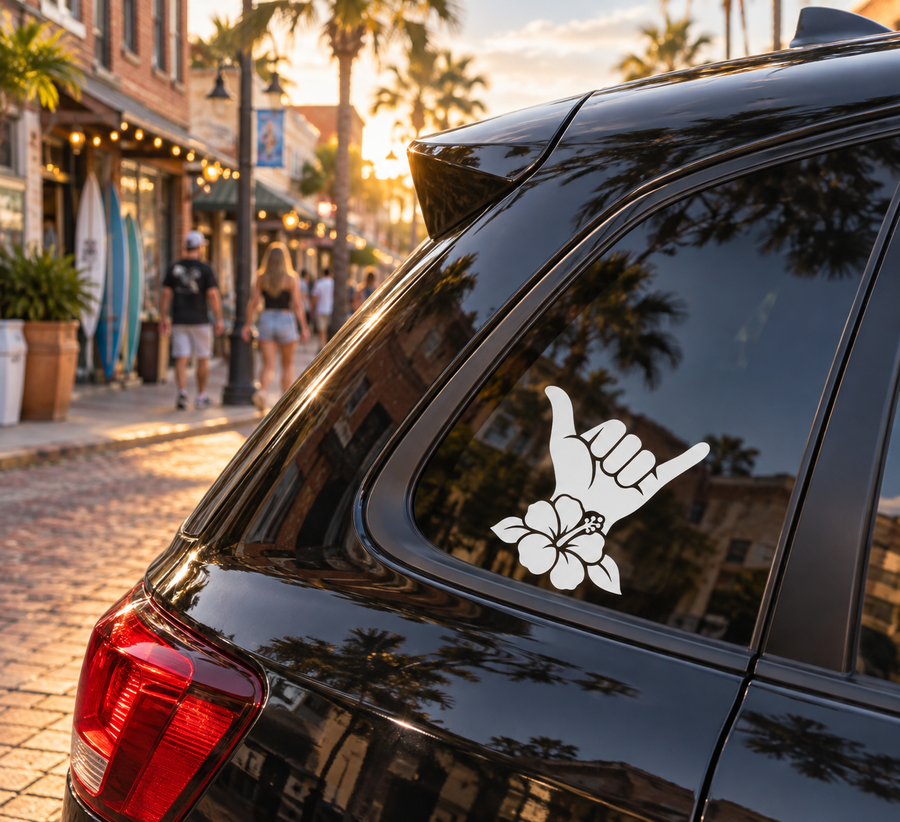 Hibiscus shaka vinyl decal for car window: white hand sign with hibiscus flower