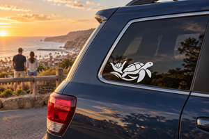 White sea turtle shaka vinyl decal on car rear side window glass