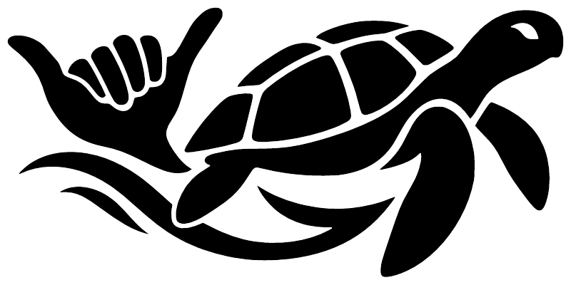 Black-and-white sea turtle shaka vinyl decal graphic with fins and hand