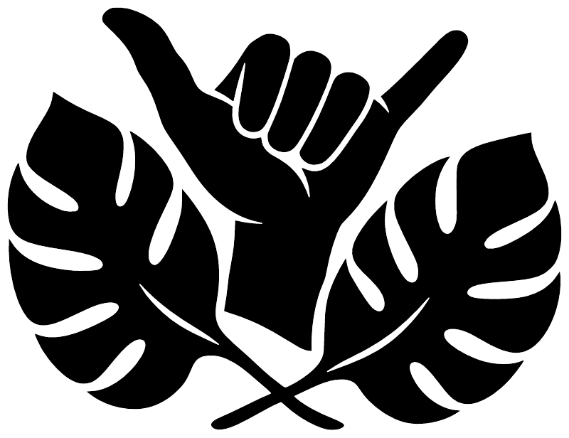 Black shaka hand vinyl decal with tropical leaf shapes
