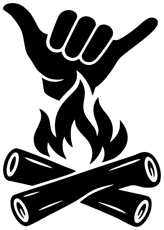 White campfire Shaka vinyl decal: shaka hand over flames and crossed logs