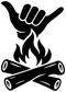 White campfire Shaka vinyl decal: shaka hand over flames and crossed logs
