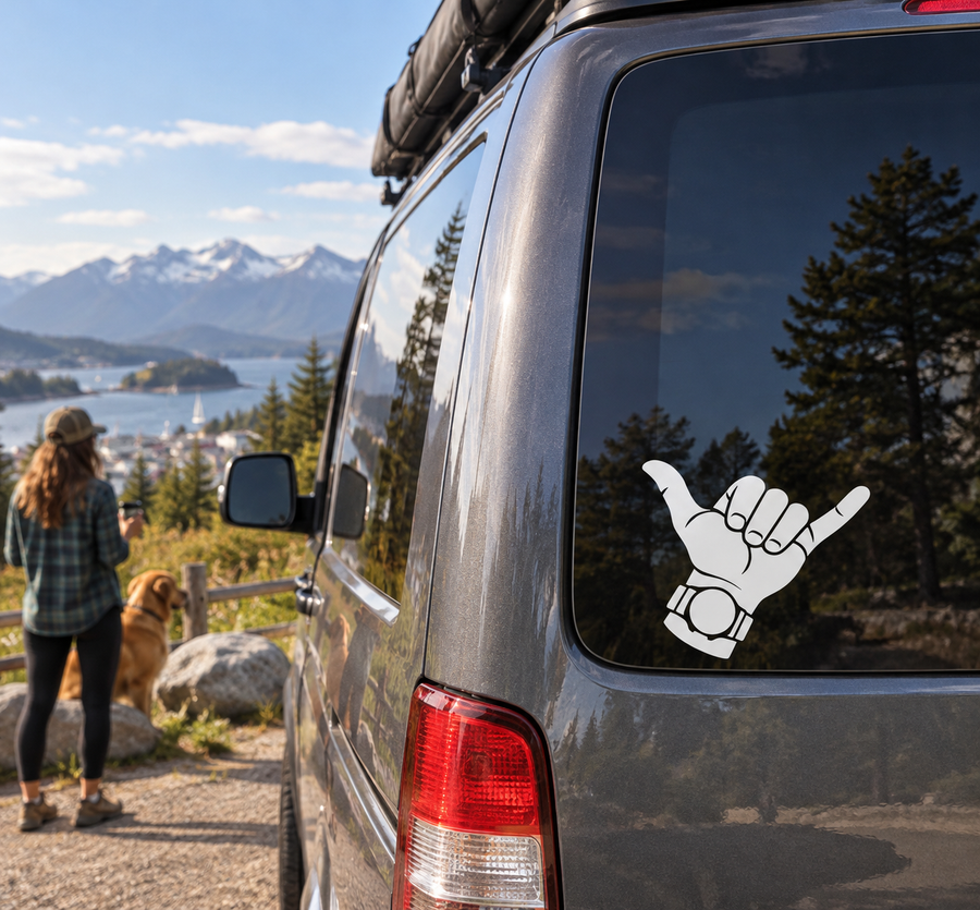 White hand peace sign vinyl decal on car rear window