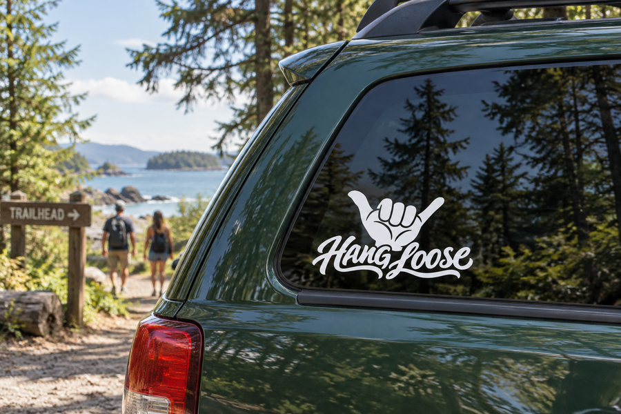 Car window vinyl decal with white shaka hand and Hang Loose script