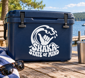 Vinyl decal graphic: white Shaka 'State of Mind' with fists on dark blue cooler