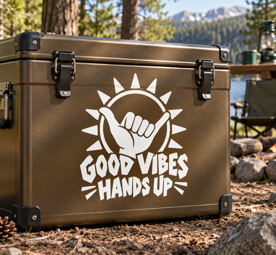 Good Vibes Hands Up vinyl decal with white sunburst and black fist-shaka graphic