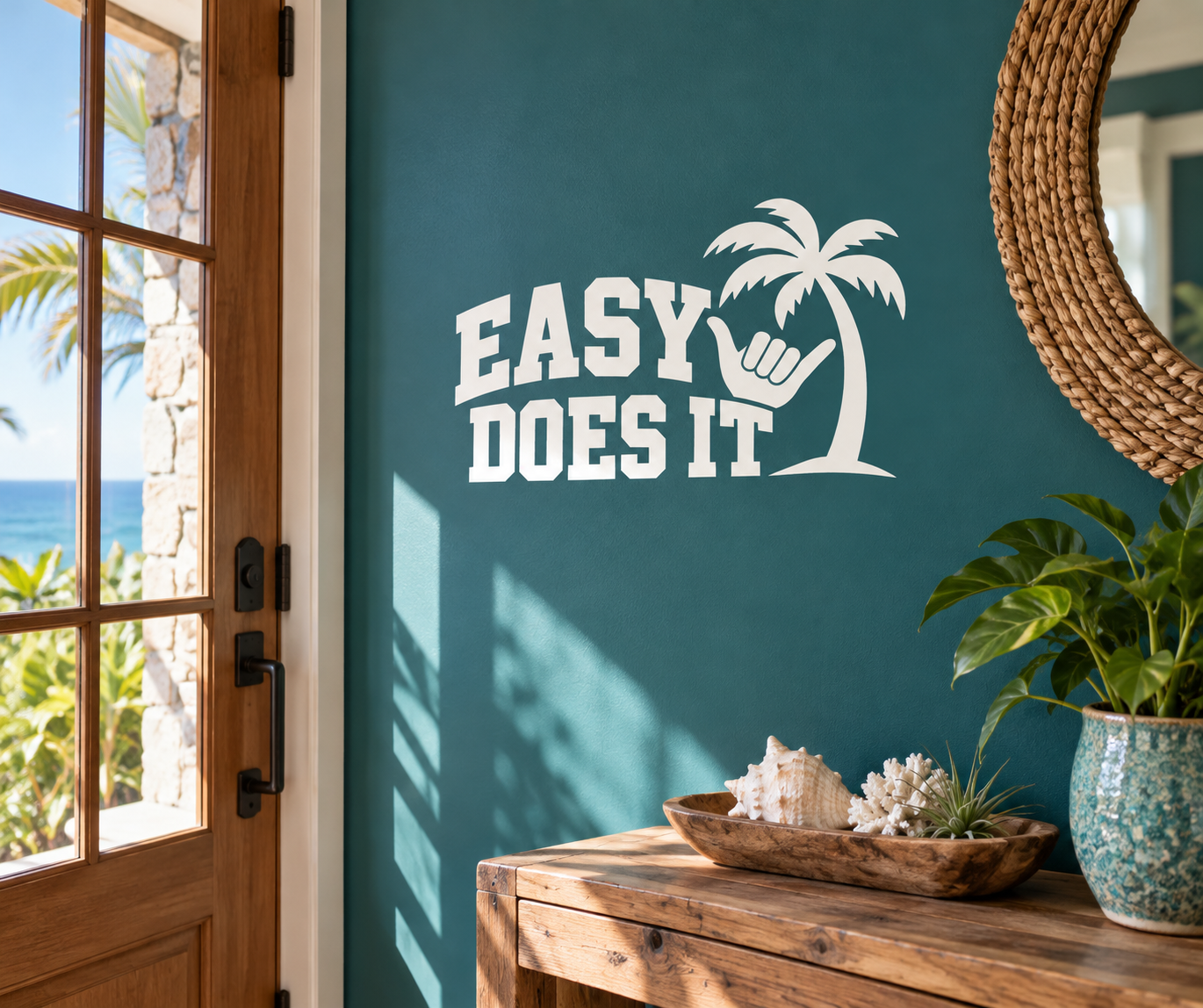 Vinyl wall decal: 'EASY DOES IT' text with palm shaka hand graphic