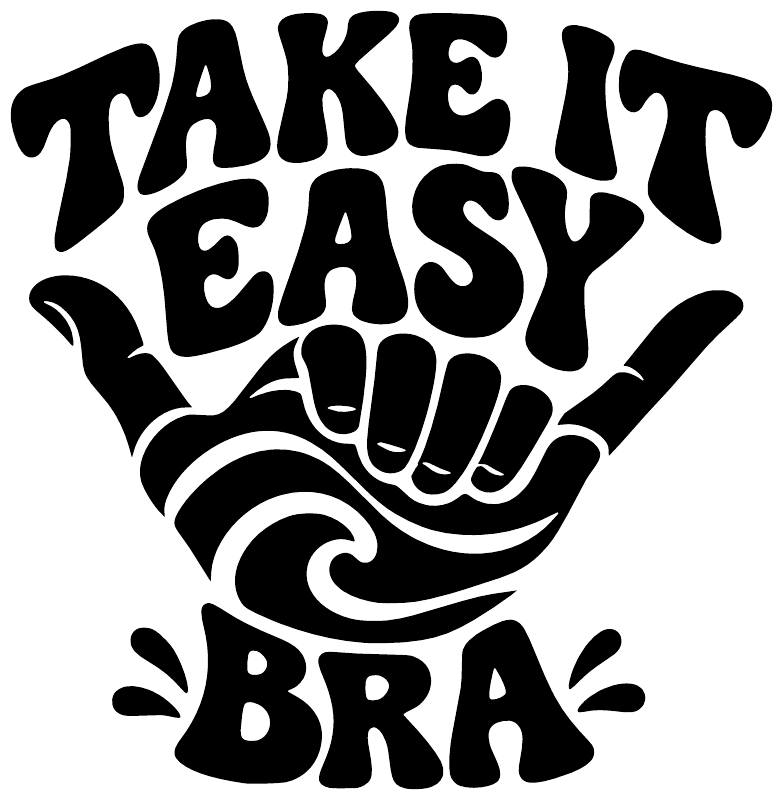 Black and white 'TAKE IT EASY BRA' vinyl decal with pointing hand graphic