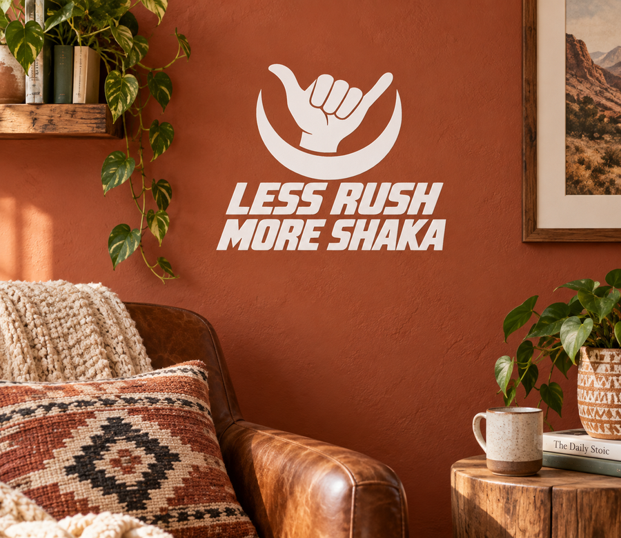 White "Less Rush More Shaka" vinyl decal with shaka hand graphic