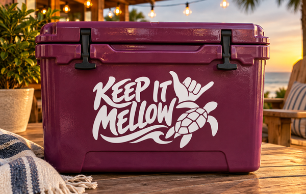 Keep It Mellow vinyl decal with white text and turtle handprint graphic