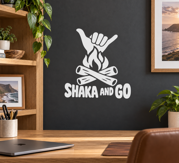 White Shaka And Go vinyl decal with hand, flames, and bold text