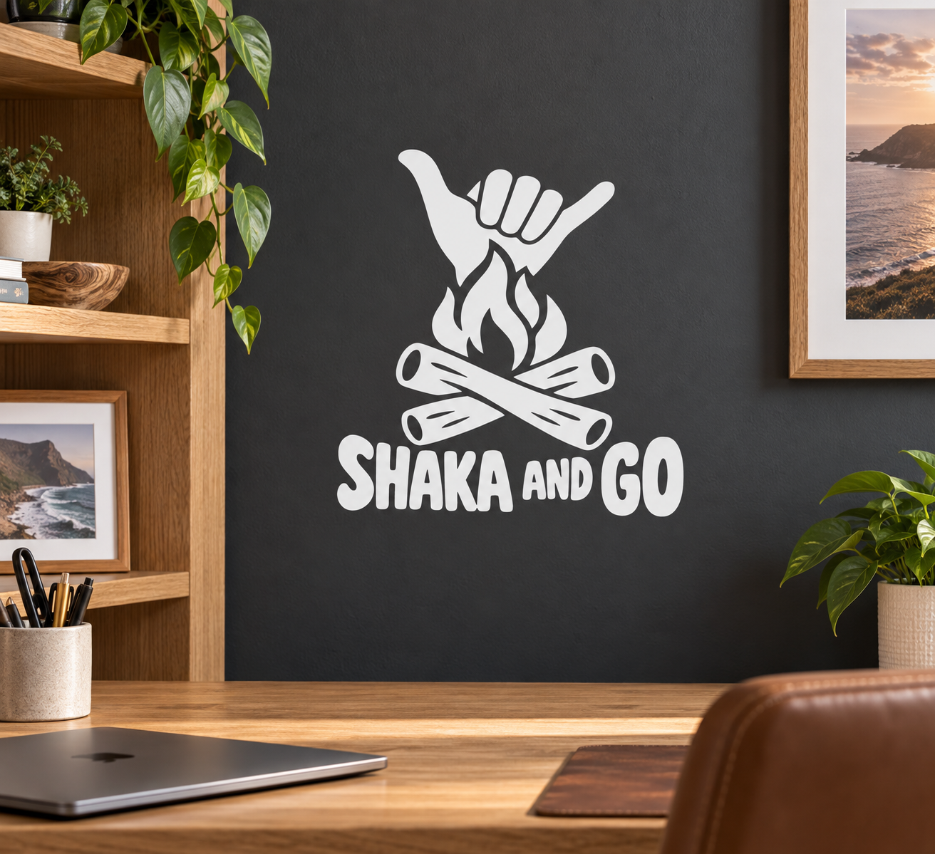 White Shaka And Go vinyl decal with hand, flames, and bold text