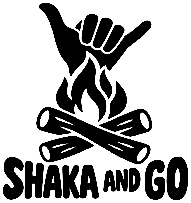 Black Shaka And Go vinyl decal showing peace sign over flames with text