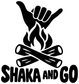 Black Shaka And Go vinyl decal showing peace sign over flames with text