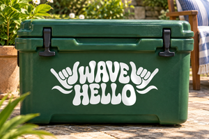 White “WAVE HELLO” vinyl decal with shaka hand graphics