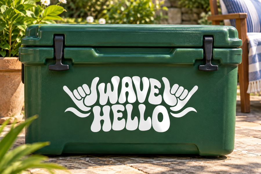 White “WAVE HELLO” vinyl decal with shaka hand graphics
