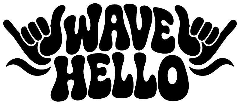 Black “WAVE HELLO” vinyl decal with shaka hand graphics