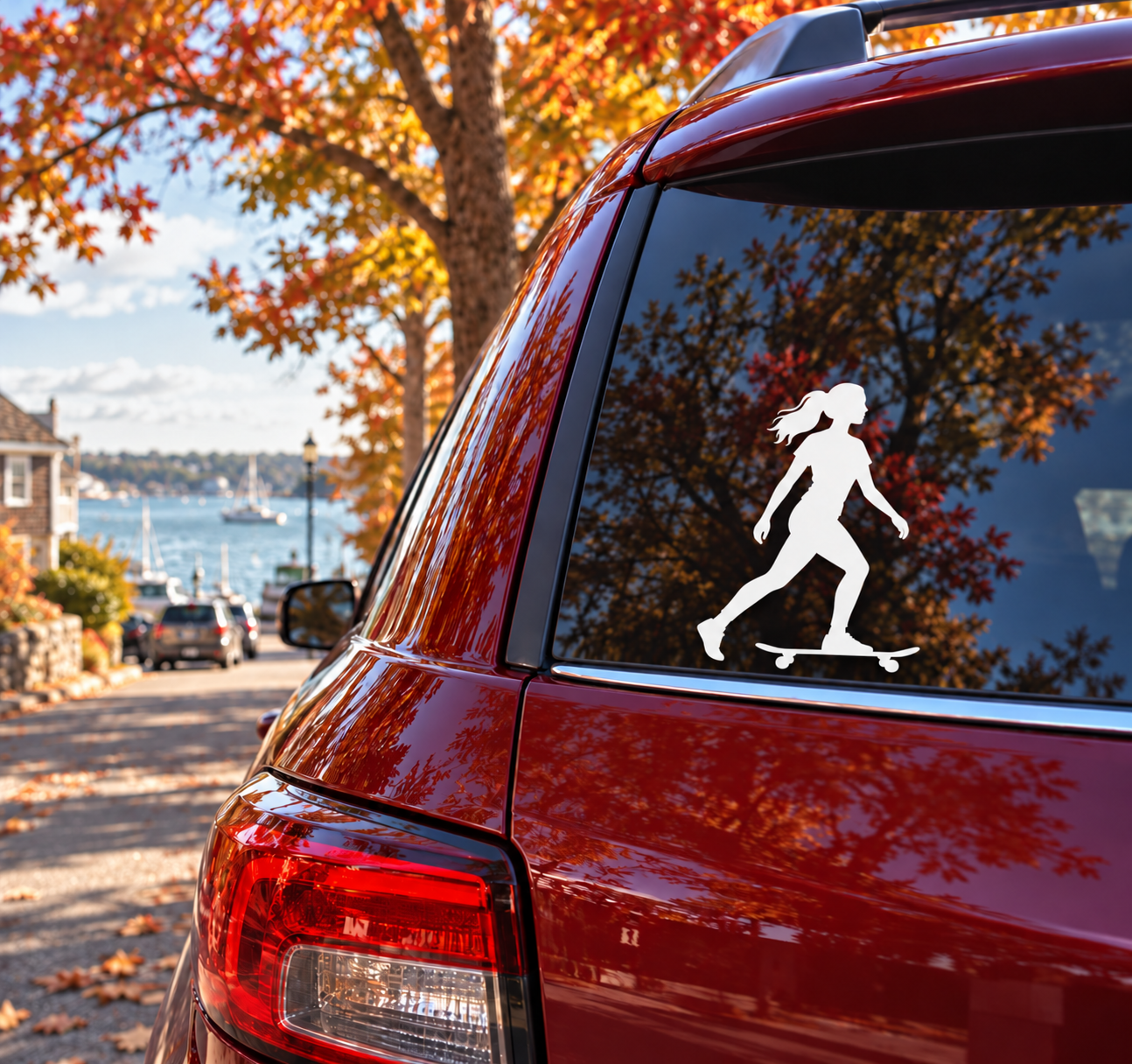 White skateboarder silhouette vinyl decal on car rear window