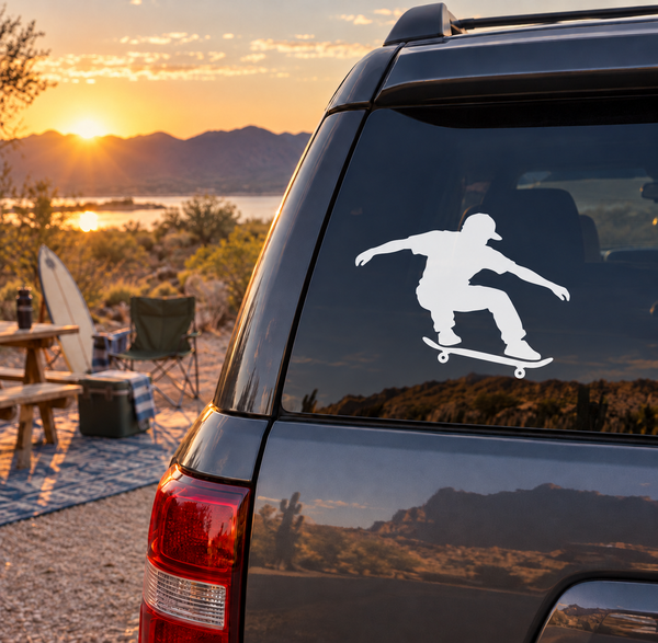 Skateboarding vinyl decal of a low-ollie skater silhouette on a car window
