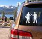 White skateboard-friend silhouettes vinyl decal on car window, two people holding skateboards