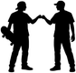 Black silhouette skateboard friends vinyl decal, handshake pose between two people with boards