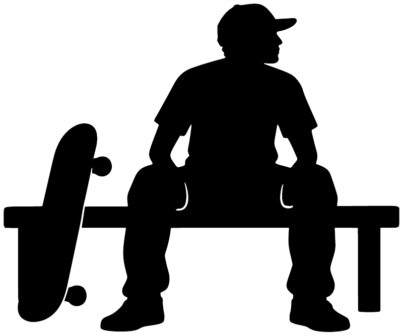 Skateboarding bench vinyl decal, black skater silhouette seated on bench with skateboard.