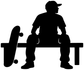 Skateboarding bench vinyl decal, black skater silhouette seated on bench with skateboard.