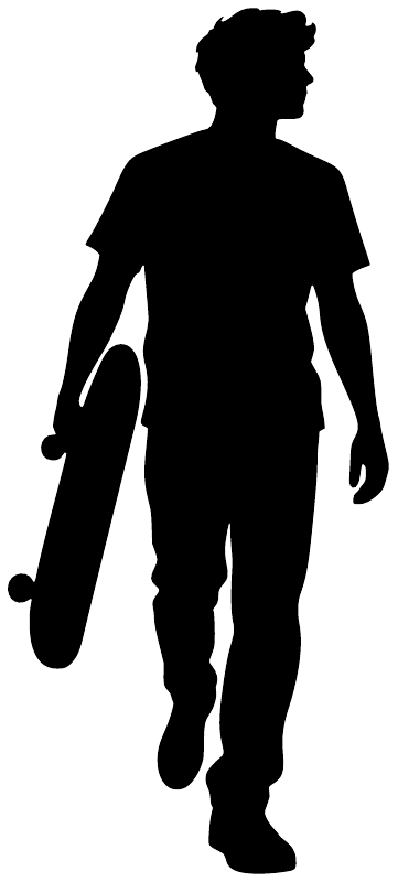 Skateboarding walk vinyl decal, black skater silhouette with skateboard, on white background