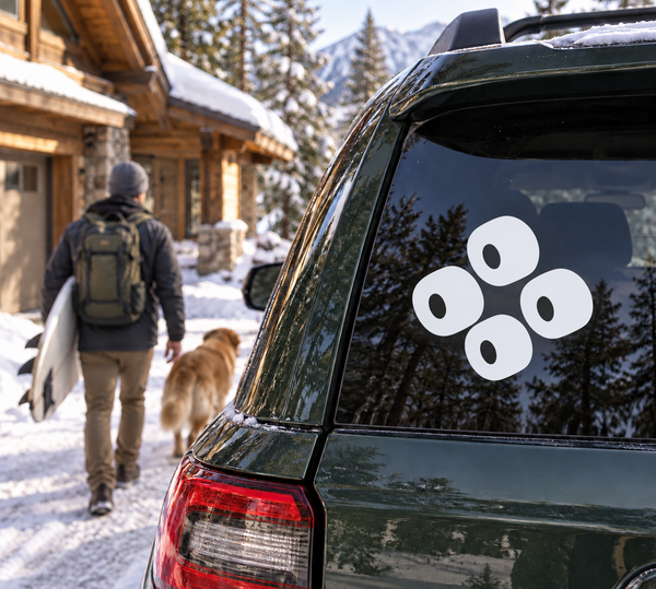 Quartet skateboarding vinyl decal on car window, four black wheel shapes with white centers