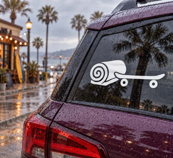 Skateboarding vinyl deck decal with white spiral skateboard graphic on glass