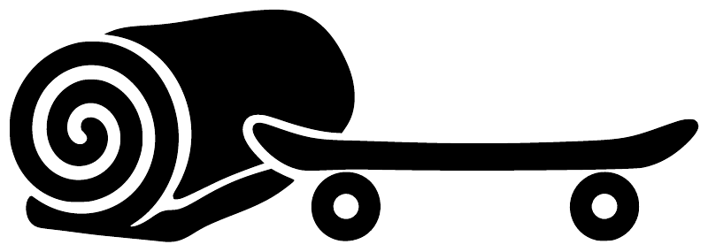 Skateboarding vinyl decal: black skateboard with white spiral wheel on white background