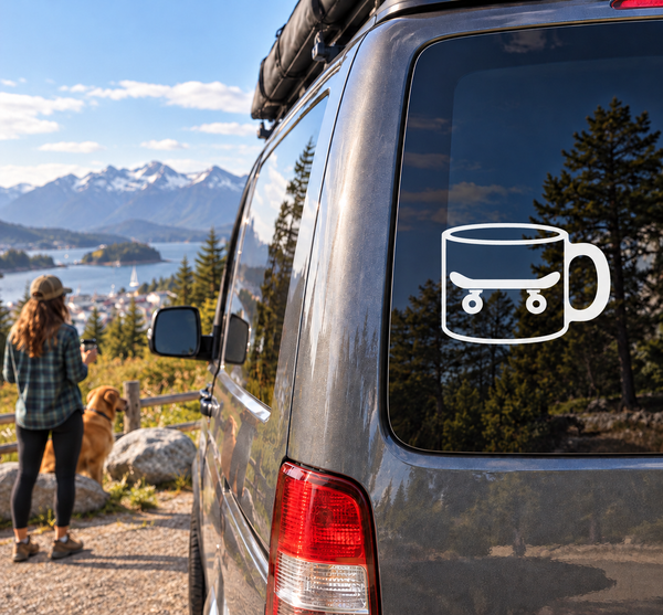 Skate camp mug vinyl decal: white mug outline with skateboard wheels icon on window