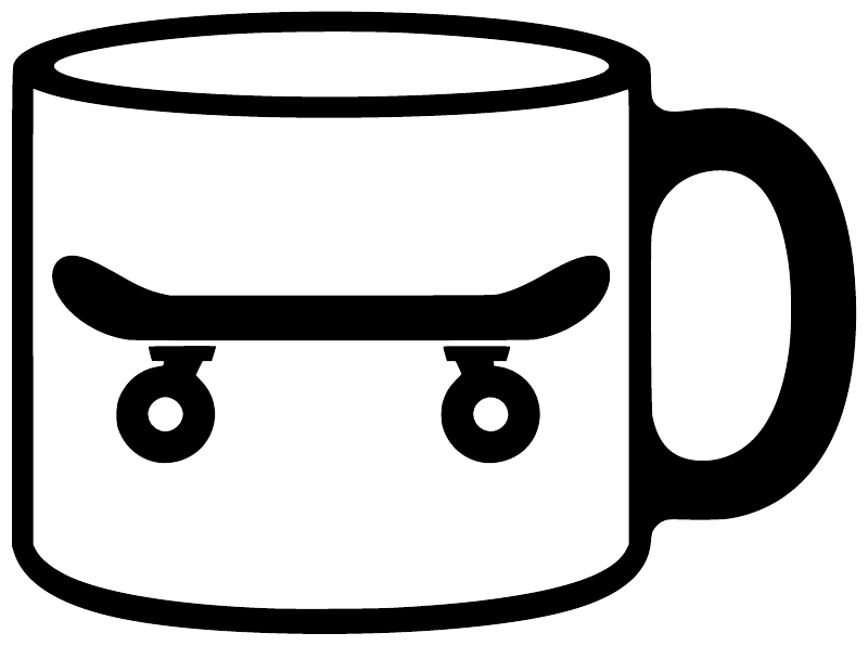 Skate camp mug vinyl decal, white mug with black skateboard wheels, standalone icon