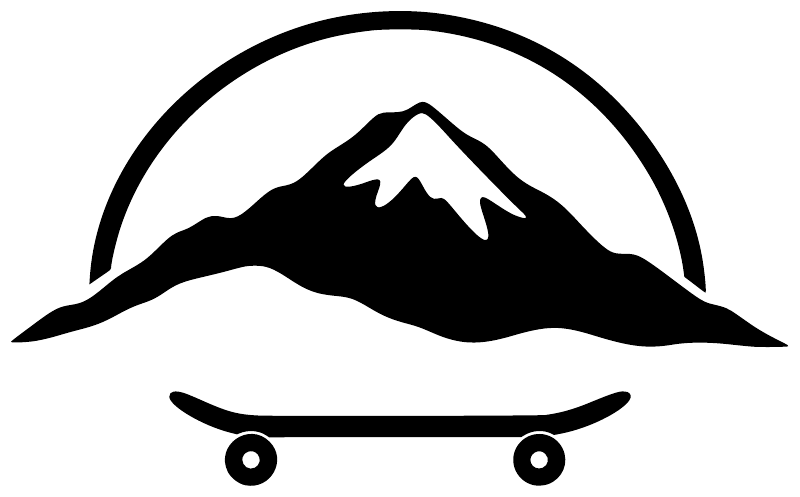 Black mountain skateboard vinyl decal with white circular border and wheel icons