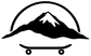 Black mountain skateboard vinyl decal with white circular border and wheel icons