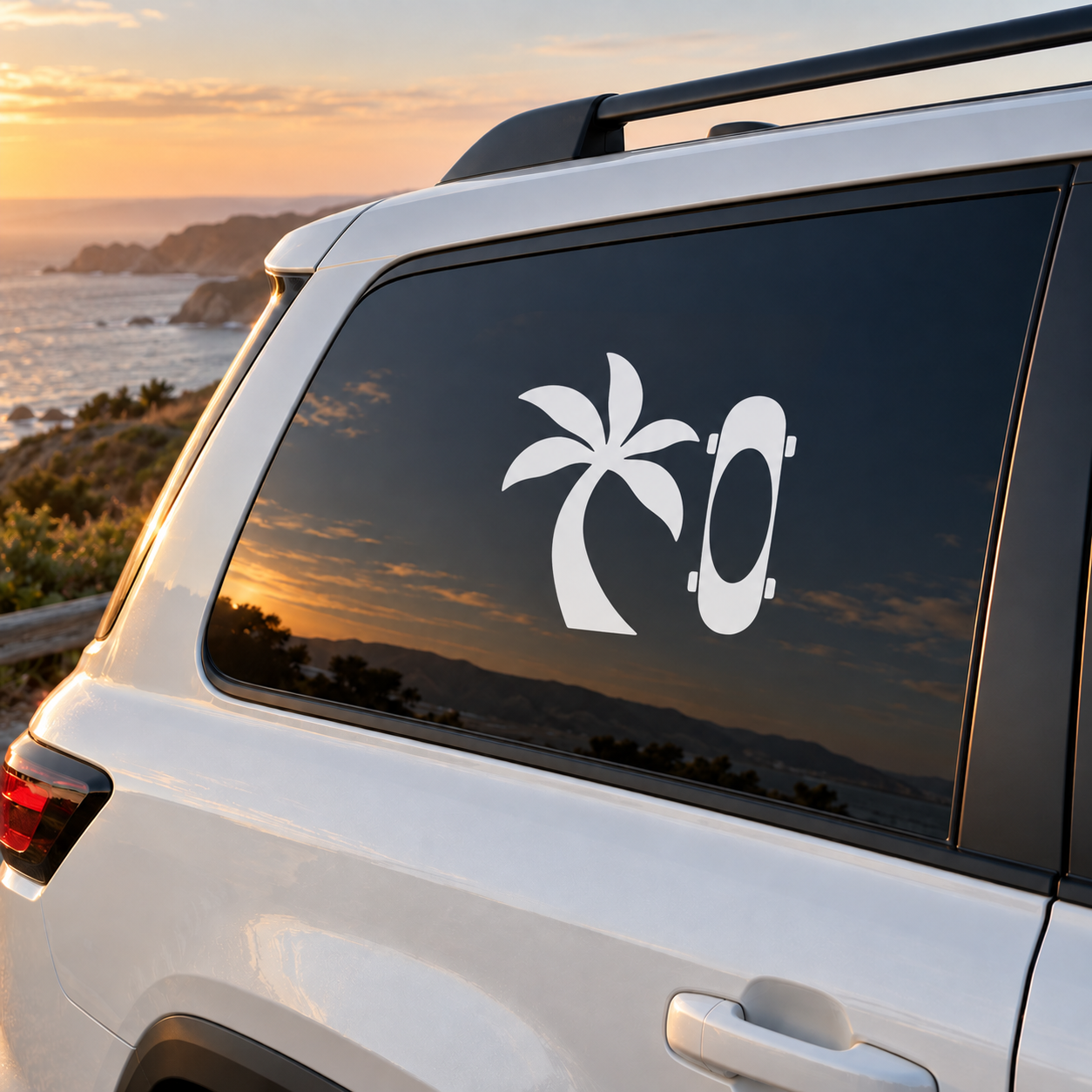 Skateboarding vinyl car decal with white palm tree and “0” on dark window