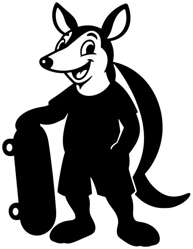 Vinyl decal close-up of white cartoon armadillo holding a skateboard