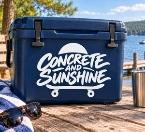 Skateboarding vinyl decal with white 'Concrete and Sunshine' script over cart wheels