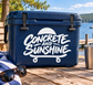 Skateboarding vinyl decal with white 'Concrete and Sunshine' script over cart wheels
