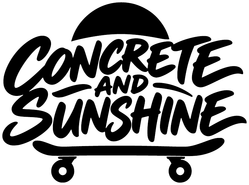 Vinyl decal: black 'Concrete and Sunshine' lettering with sun and skateboard wheels