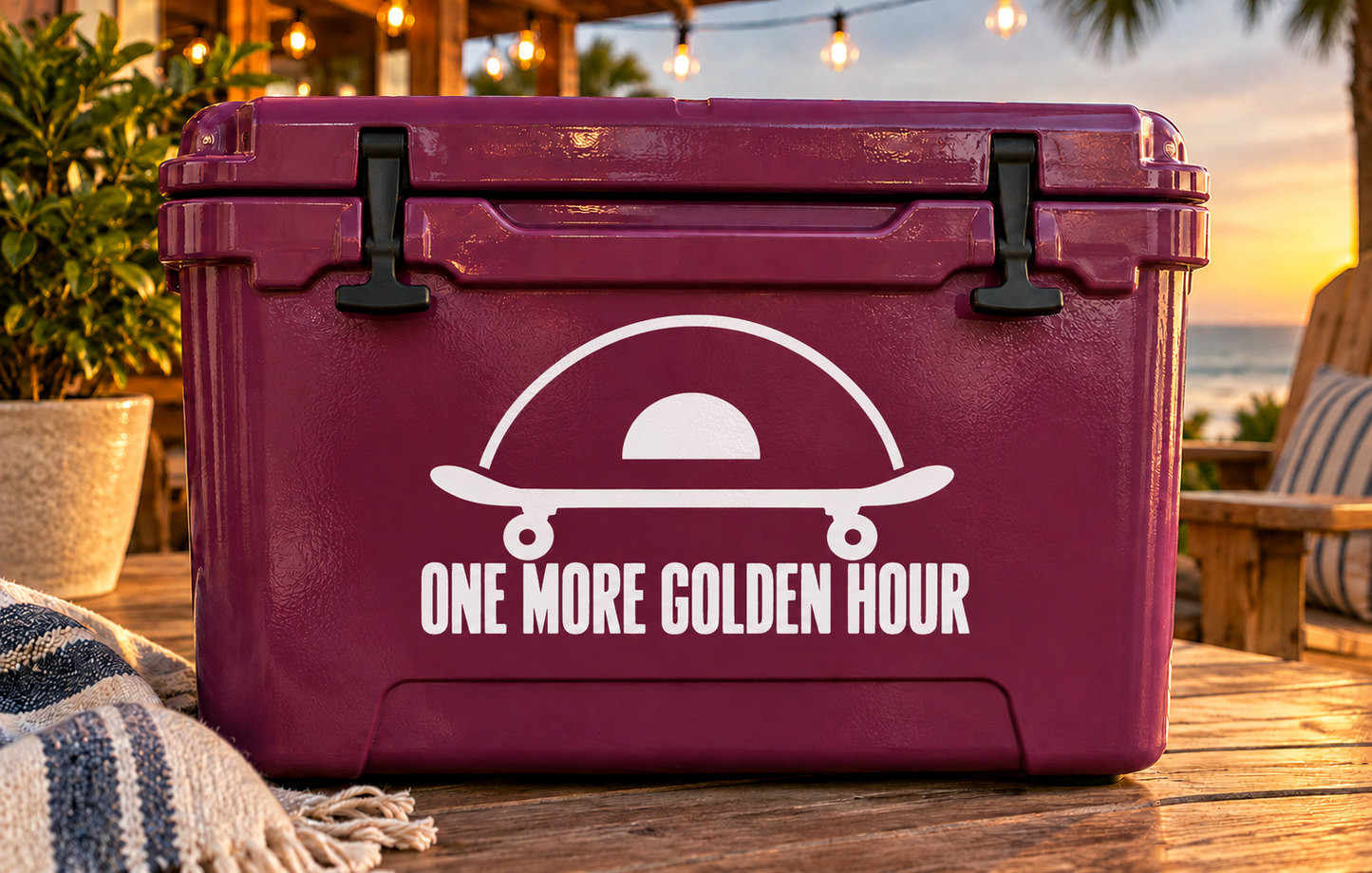 Purple vinyl decal with arch graphic and text “ONE MORE GOLDEN HOUR”